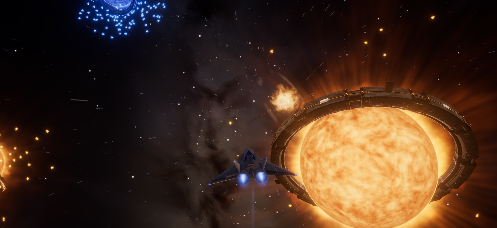 The fighter flying past an orange star in its ring city, under a brown nebula, a blue star far off above.