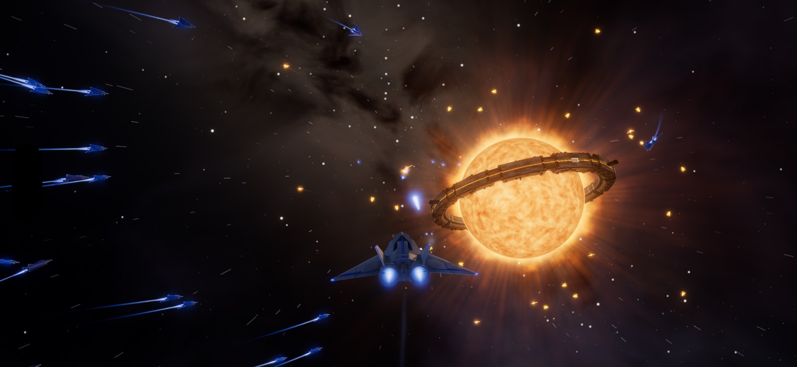 The player's fighter leads streaks of blue ships toward an orange star wearing a ring city, its swarm glowing round it.