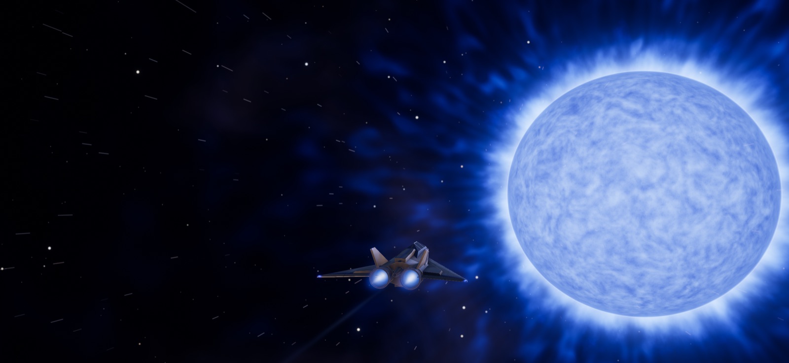 The fighter flying toward a blue giant, blazing white and blue.