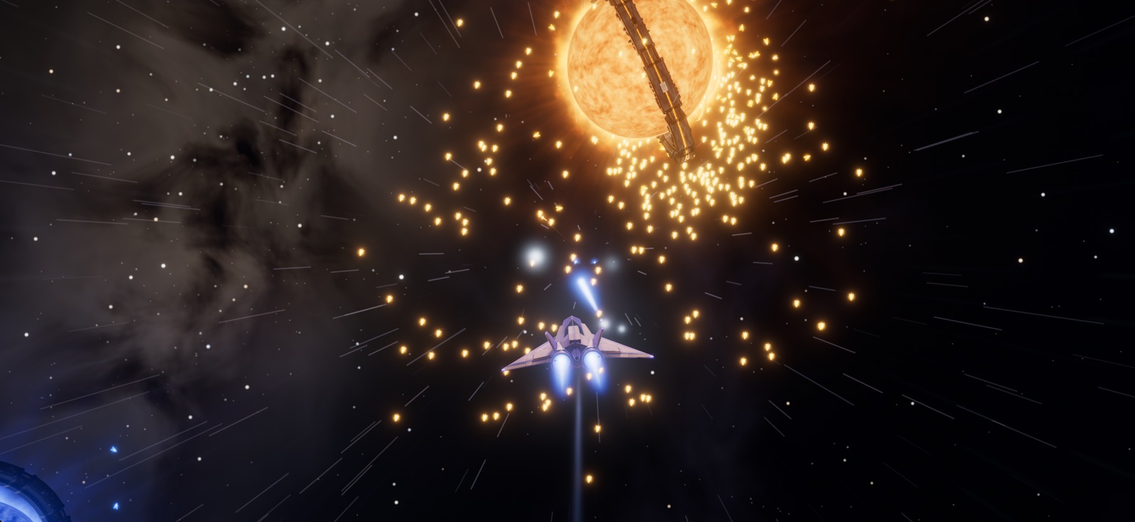 The fighter diving into the swarm of orange ships round an orange star, its guns firing, stars streaking past.