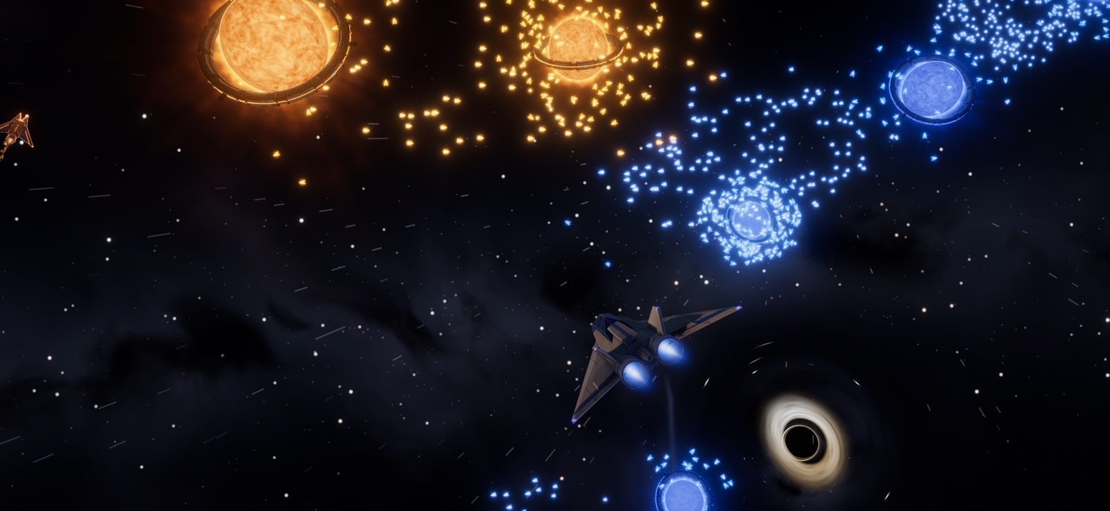 Orange and blue stars, each in a cloud of its own ships, round a black hole, with the player's fighter between them.